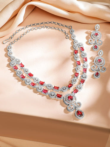 Rubans Rhodium-Plated Ruby Pink & White Cubic Zirconia Double Layer Luxe Jewellery Set Jewellery Set