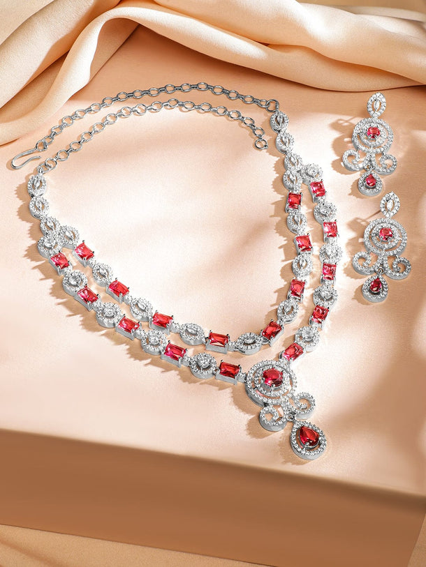 Rubans Rhodium-Plated Ruby Pink & White Cubic Zirconia Double Layer Luxe Jewellery Set Jewellery Set