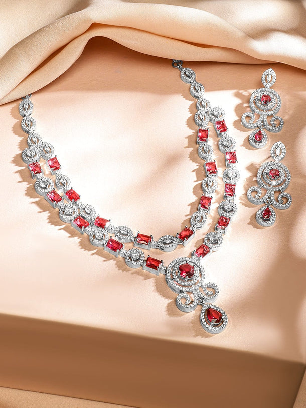 Rubans Rhodium-Plated Ruby Pink & White Cubic Zirconia Double Layer Luxe Jewellery Set Necklace Set