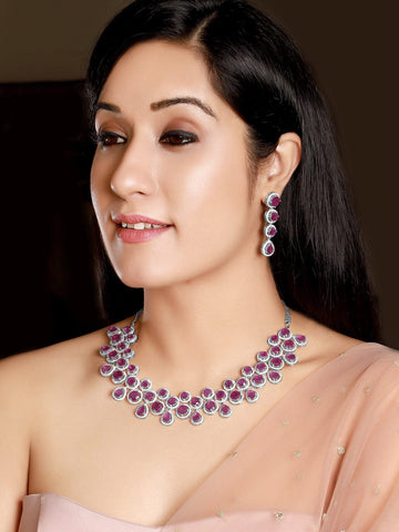 Rubans Rhodium-Plated Ruby Pink & White Cubic Zirconia Handcrafted Premium Jewellery Set Necklace Set