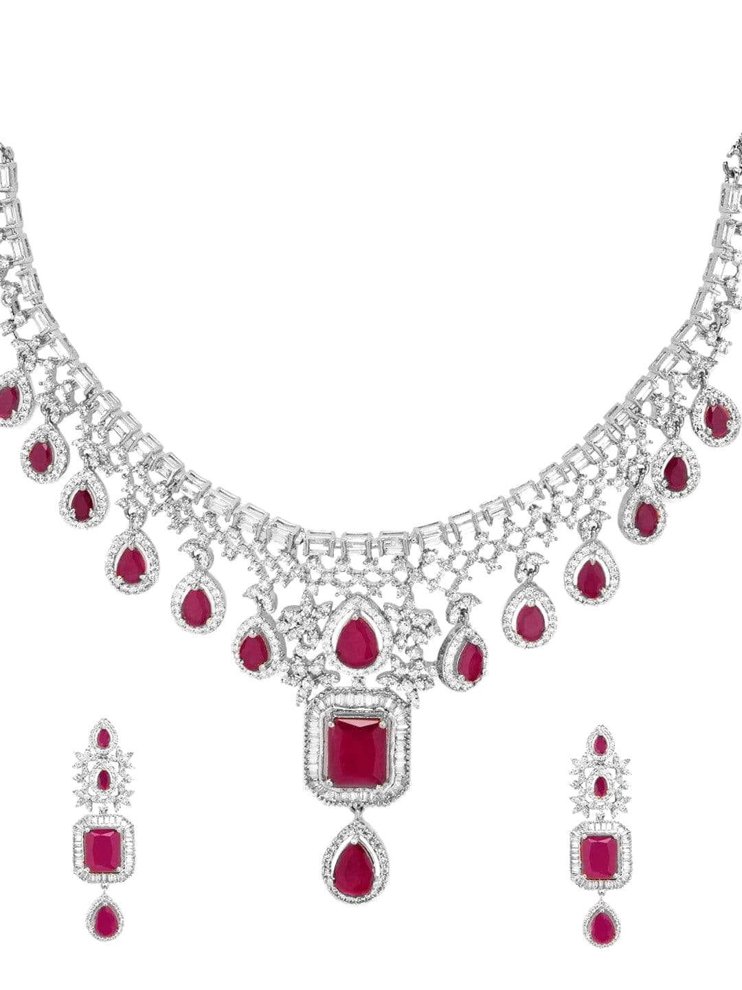 Rubans Rhodium-Plated Ruby Pink & White Cubic Zirconia Luxurious Necklace & Earrings Set Necklace Set