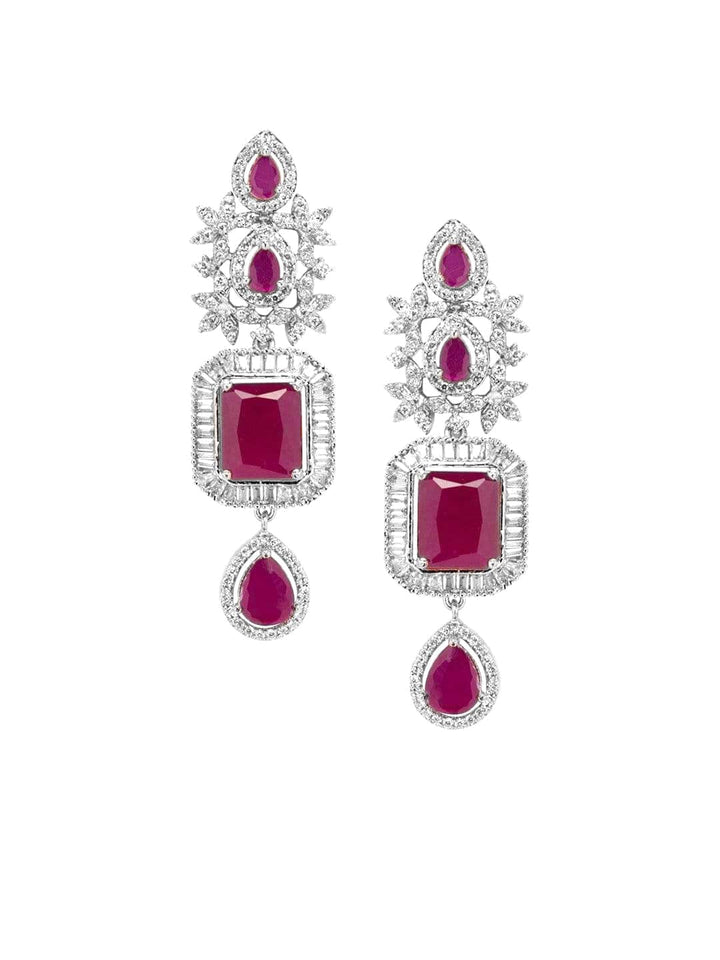 Rubans Rhodium-Plated Ruby Pink & White Cubic Zirconia Luxurious Necklace & Earrings Set Necklace Set