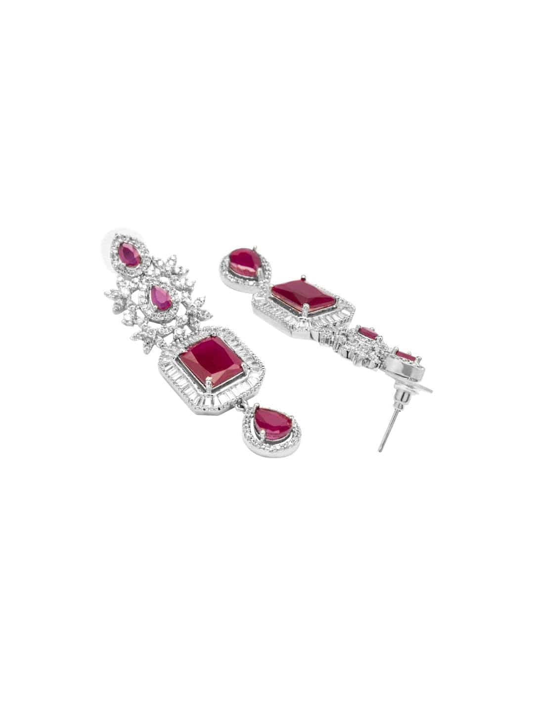 Rubans Rhodium-Plated Ruby Pink & White Cubic Zirconia Luxurious Necklace & Earrings Set Necklace Set