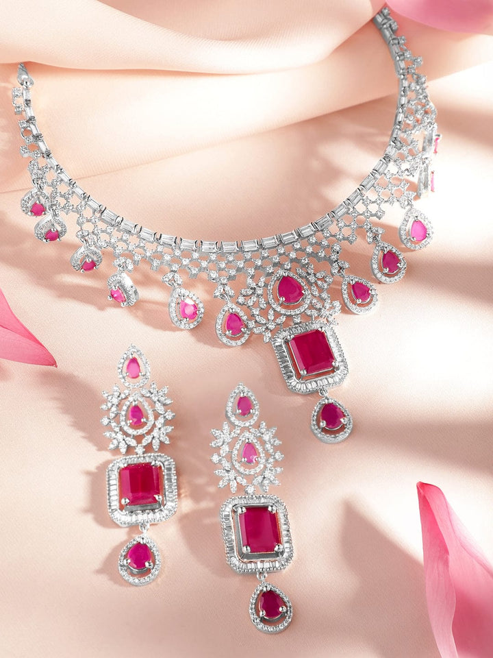 Rubans Rhodium-Plated Ruby Pink & White Cubic Zirconia Luxurious Necklace & Earrings Set Necklace Set