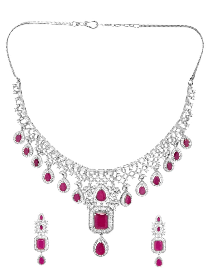 Rubans Rhodium-Plated Ruby Pink & White Cubic Zirconia Luxurious Necklace & Earrings Set Necklace Set