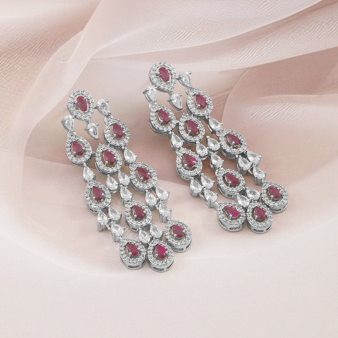 Rubans Rhodium-Plated Ruby Pink & White Cubic Zirconia Premium Chandelier Earrings Chandelier Earrings