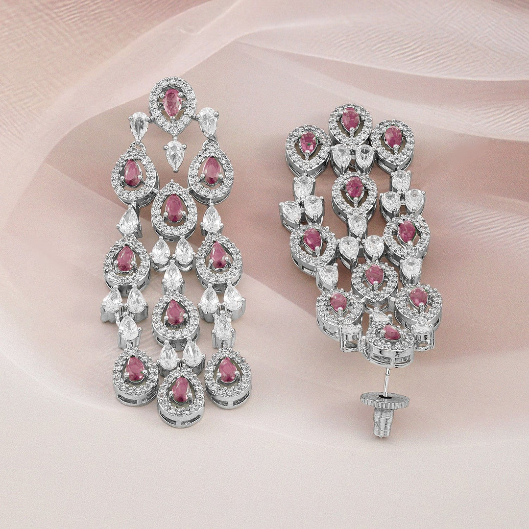 Rubans Rhodium-Plated Ruby Pink & White Cubic Zirconia Premium Chandelier Earrings Chandelier Earrings