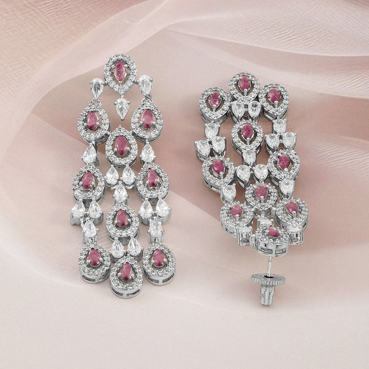 Rubans Rhodium-Plated Ruby Pink & White Cubic Zirconia Premium Chandelier Earrings Chandelier Earrings