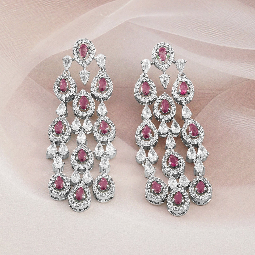 Rubans Rhodium-Plated Ruby Pink & White Cubic Zirconia Premium Chandelier Earrings Chandelier Earrings