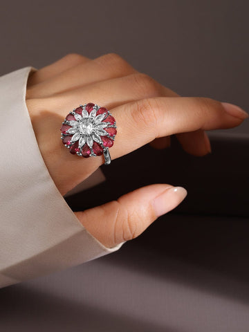 Rubans Rhodium-Plated Ruby Pink & White Cubic Zirconia Studded Floral Adjustable Ring Rings