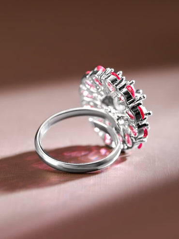 Rubans Rhodium-Plated Ruby Pink & White Cubic Zirconia Studded Floral Adjustable Ring Rings