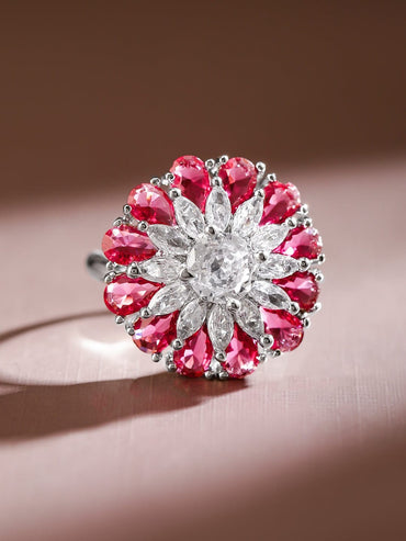 Rubans Rhodium-Plated Ruby Pink & White Cubic Zirconia Studded Floral Adjustable Ring Rings