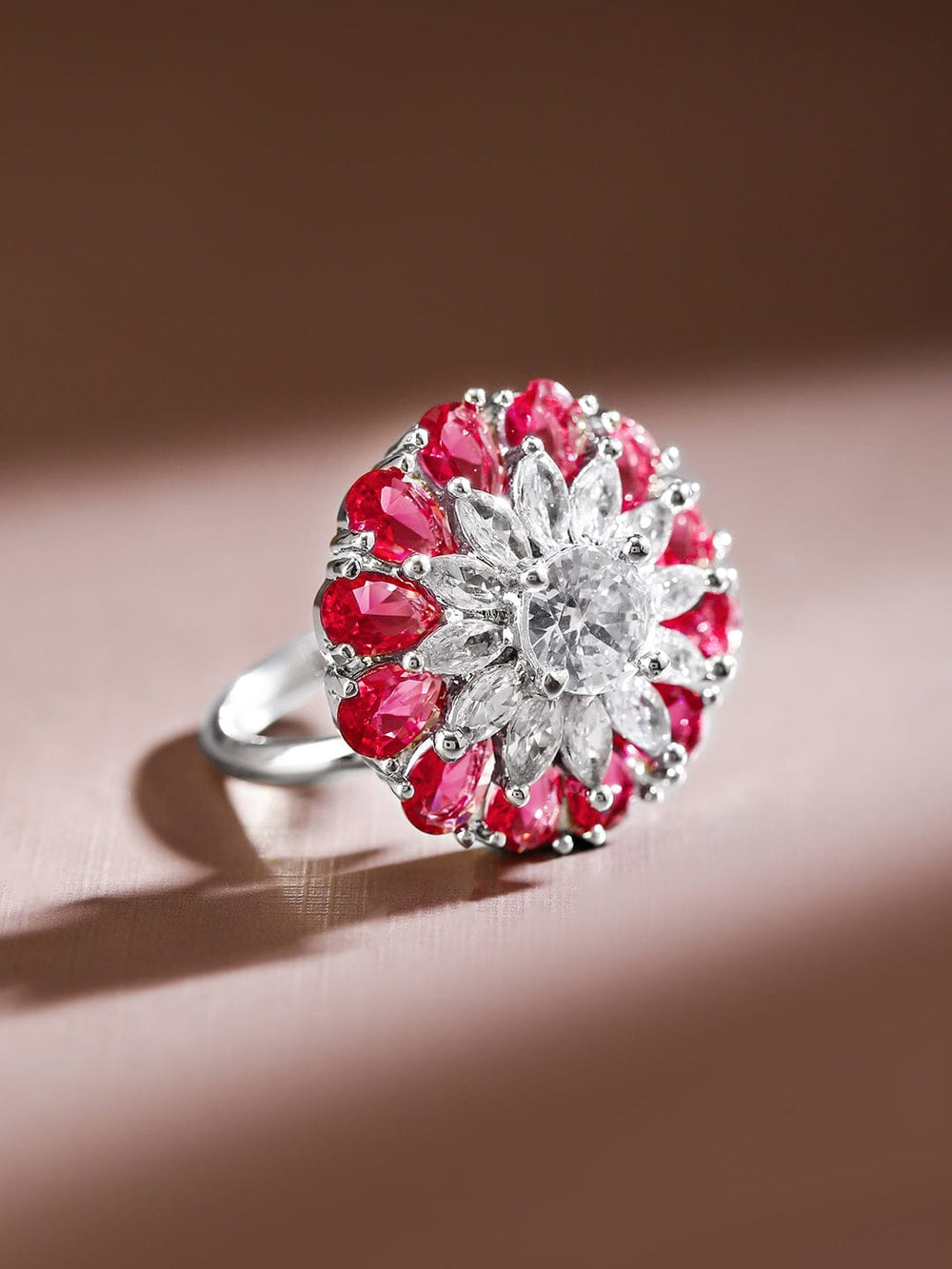 Rubans Rhodium-Plated Ruby Pink & White Cubic Zirconia Studded Floral Adjustable Ring Rings