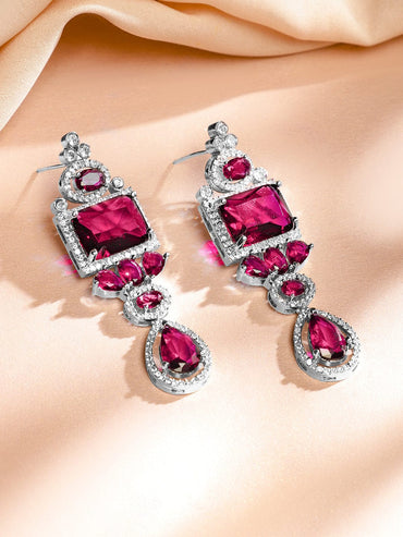 Rubans Rhodium-Plated Ruby Pink & White Cubic Zirconia Studded Luxe Jewellery Set Jewellery Set