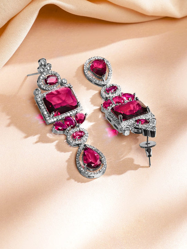 Rubans Rhodium-Plated Ruby Pink & White Cubic Zirconia Studded Luxe Jewellery Set Jewellery Set