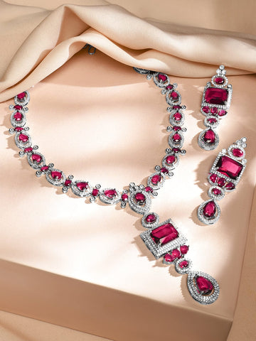 Rubans Rhodium-Plated Ruby Pink & White Cubic Zirconia Studded Luxe Jewellery Set Jewellery Set