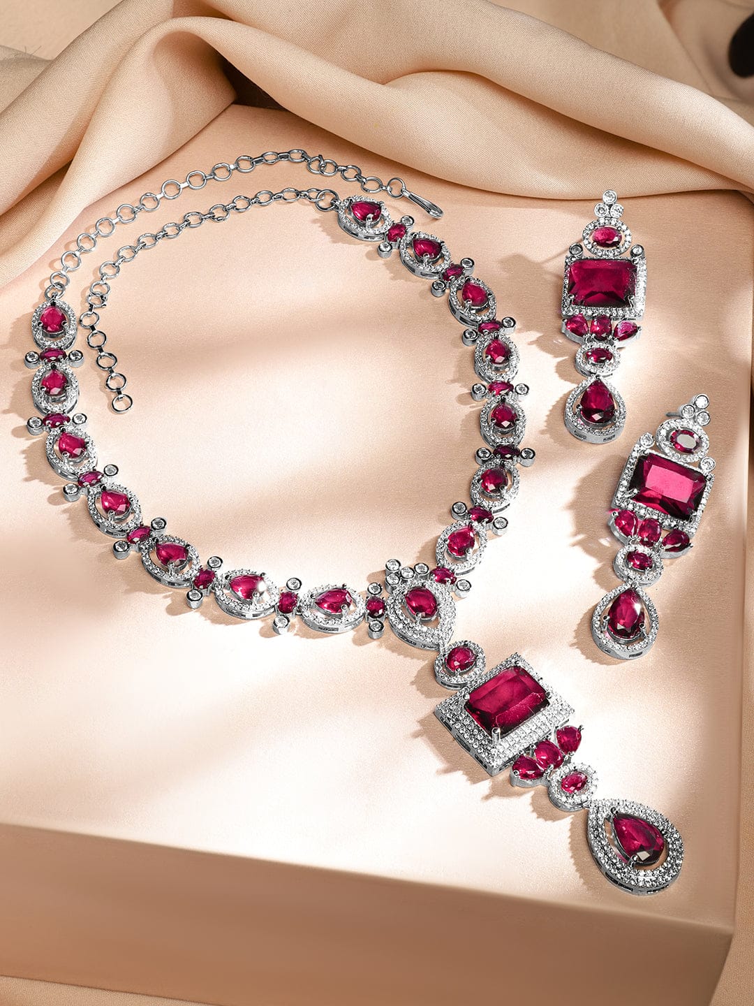 Rubans Rhodium-Plated Ruby Pink & White Cubic Zirconia Studded Luxe Jewellery Set Jewellery Set