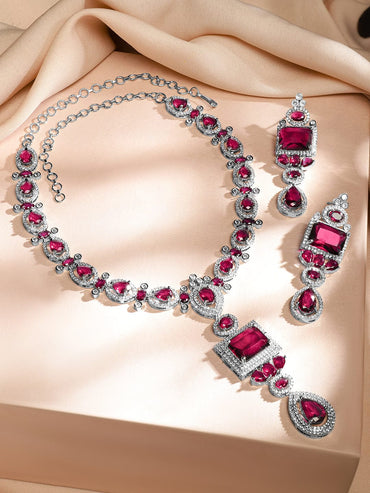 Rubans Rhodium-Plated Ruby Pink & White Cubic Zirconia Studded Luxe Jewellery Set Jewellery Set
