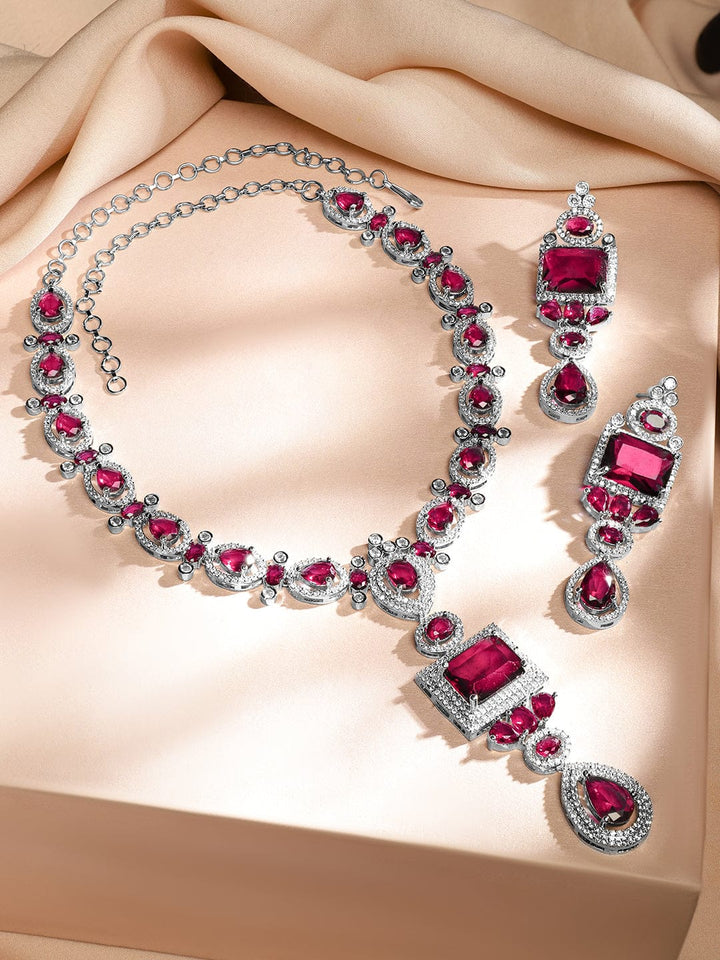 Rubans Rhodium-Plated Ruby Pink & White Cubic Zirconia Studded Luxe Jewellery Set Jewellery Set