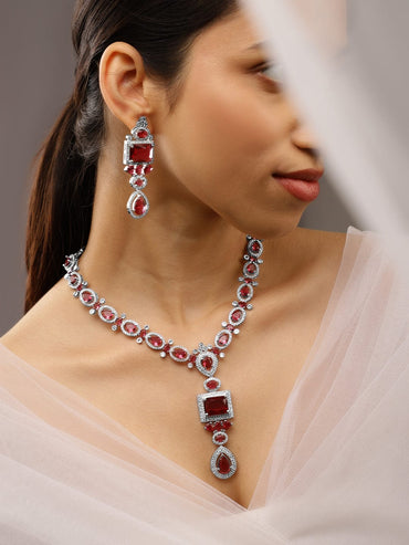 Rubans Rhodium-Plated Ruby Pink & White Cubic Zirconia Studded Luxe Jewellery Set Necklace Set