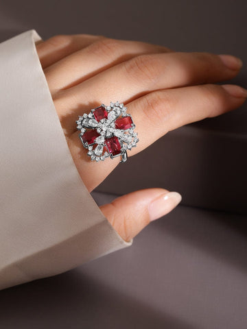 Rubans Rhodium-Plated Ruby Pink & White CubicZirconia Studded Floral Cross Adjustable Ring Finger Rings