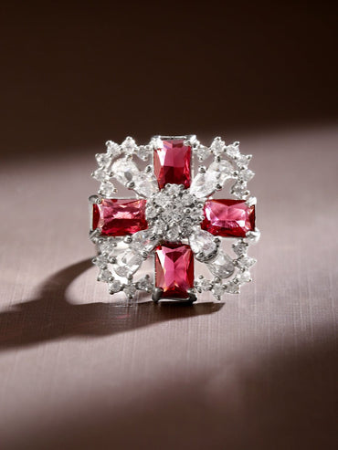 Rubans Rhodium-Plated Ruby Pink & White CubicZirconia Studded Floral Cross Adjustable Ring Rings
