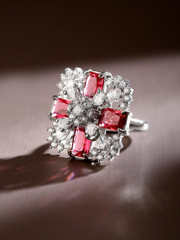 Rubans Rhodium-Plated Ruby Pink & White CubicZirconia Studded Floral Cross Adjustable Ring Rings