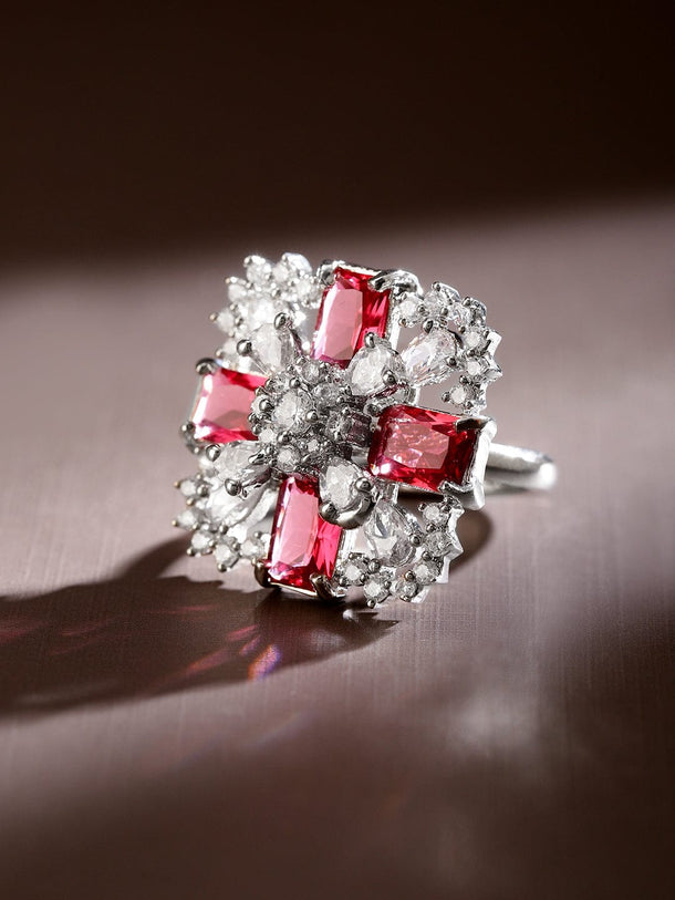 Rubans Rhodium-Plated Ruby Pink & White CubicZirconia Studded Floral Cross Adjustable Ring Rings