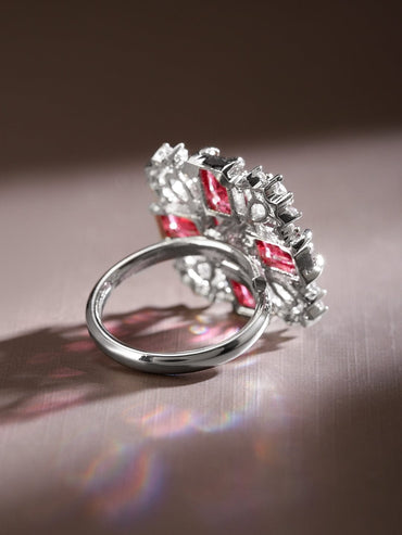 Rubans Rhodium-Plated Ruby Pink & White CubicZirconia Studded Floral Cross Adjustable Ring Rings