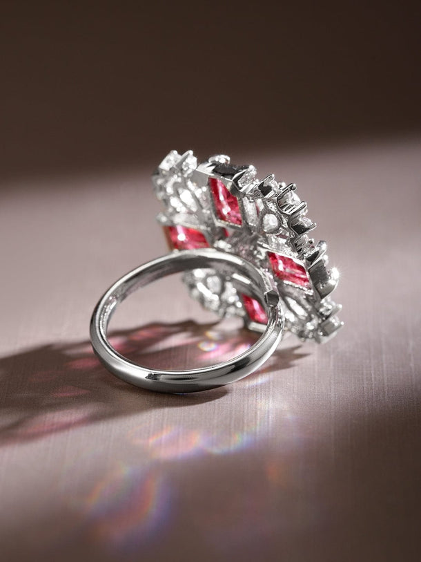 Rubans Rhodium-Plated Ruby Pink & White CubicZirconia Studded Floral Cross Adjustable Ring Rings