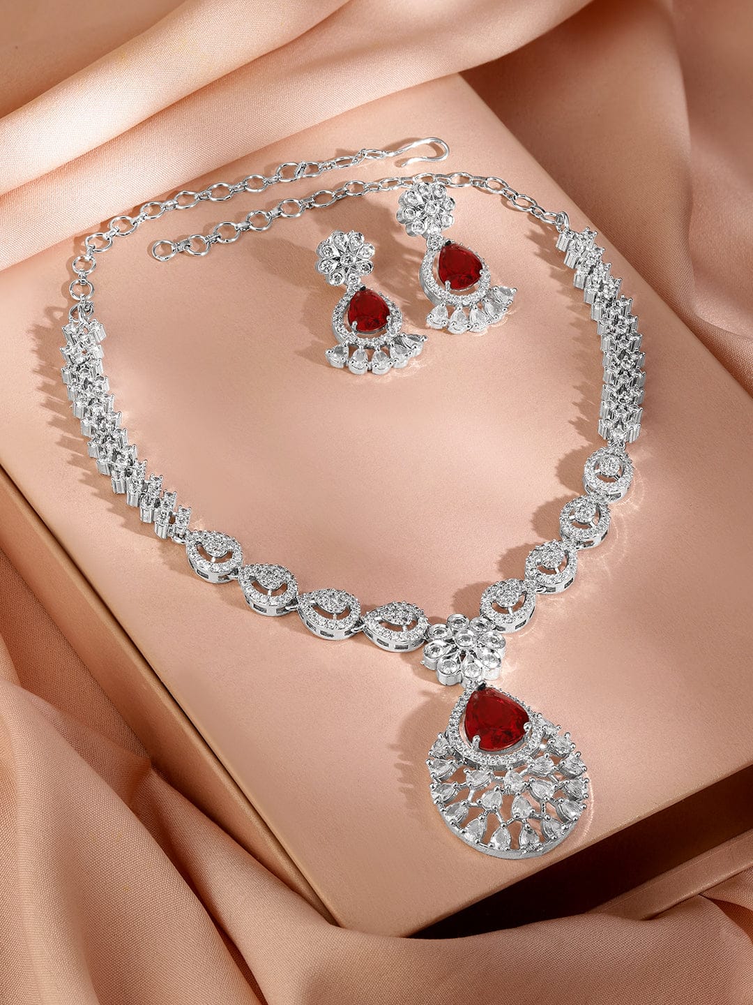 Rubans Rhodium-Plated Ruby Red AD & Cubic Zirconia Studded Necklace Set Jewellery Set