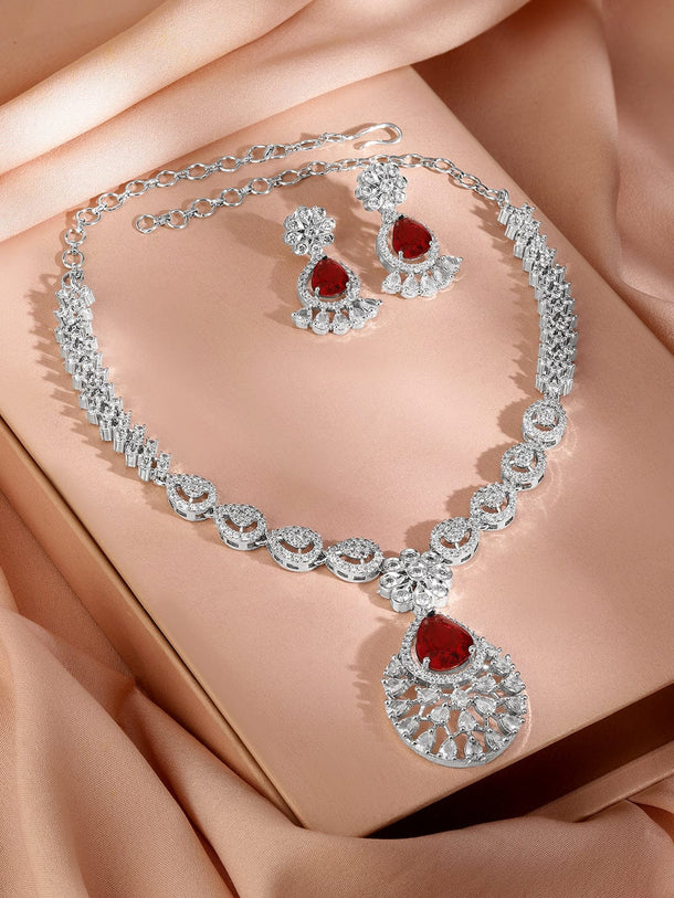 Rubans Rhodium-Plated Ruby Red AD & Cubic Zirconia Studded Necklace Set Jewellery Set