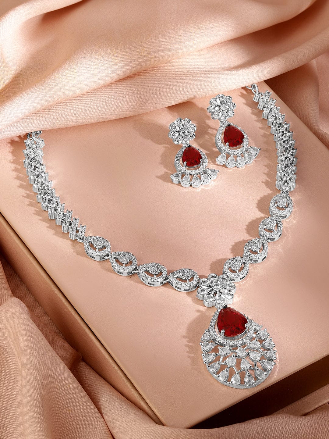 Rubans Rhodium-Plated Ruby Red AD & Cubic Zirconia Studded Necklace Set Jewellery Set
