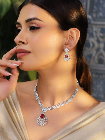 Rubans Rhodium-Plated Ruby Red AD & Cubic Zirconia Studded Necklace Set Necklace Set