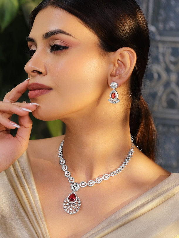 Rubans Rhodium-Plated Ruby Red AD & Cubic Zirconia Studded Necklace Set Necklace Set