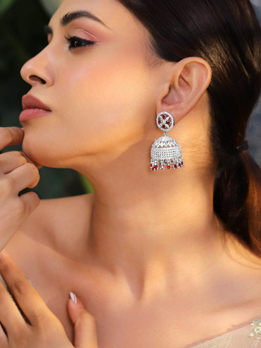 Rubans Rhodium-Plated Ruby Red AD Drop Beaded & Cubic Zirconia Studded Floral Jhumka Earrings Earrings