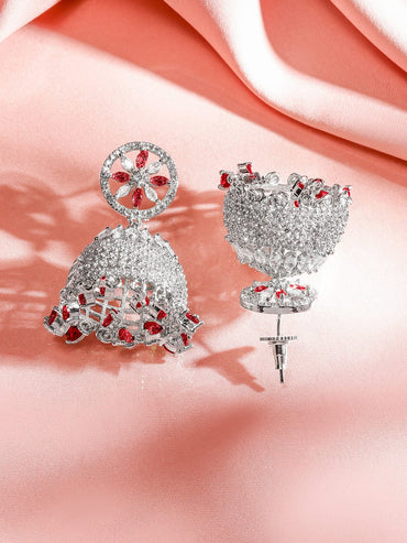 Rubans Rhodium-Plated Ruby Red AD Drop Beaded & Cubic Zirconia Studded Floral Jhumka Earrings Earrings