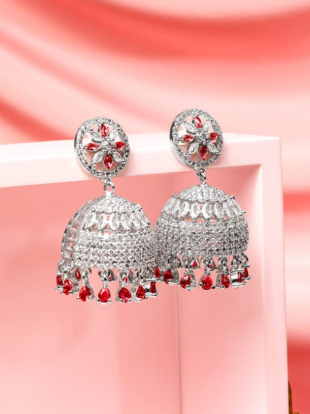 Rubans Rhodium-Plated Ruby Red AD Drop Beaded & Cubic Zirconia Studded Floral Jhumka Earrings Earrings