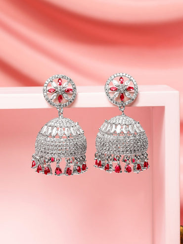 Rubans Rhodium-Plated Ruby Red AD Drop Beaded & Cubic Zirconia Studded Floral Jhumka Earrings Earrings