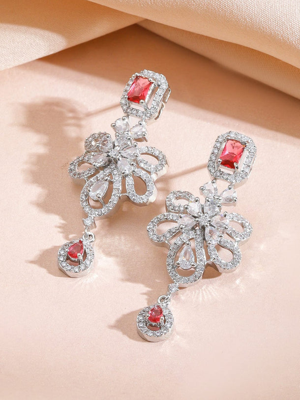 Rubans Rhodium-Plated Ruby Red AD Stone & White Cubic Zirconia Studded Floral Necklace Set Jewellery Set