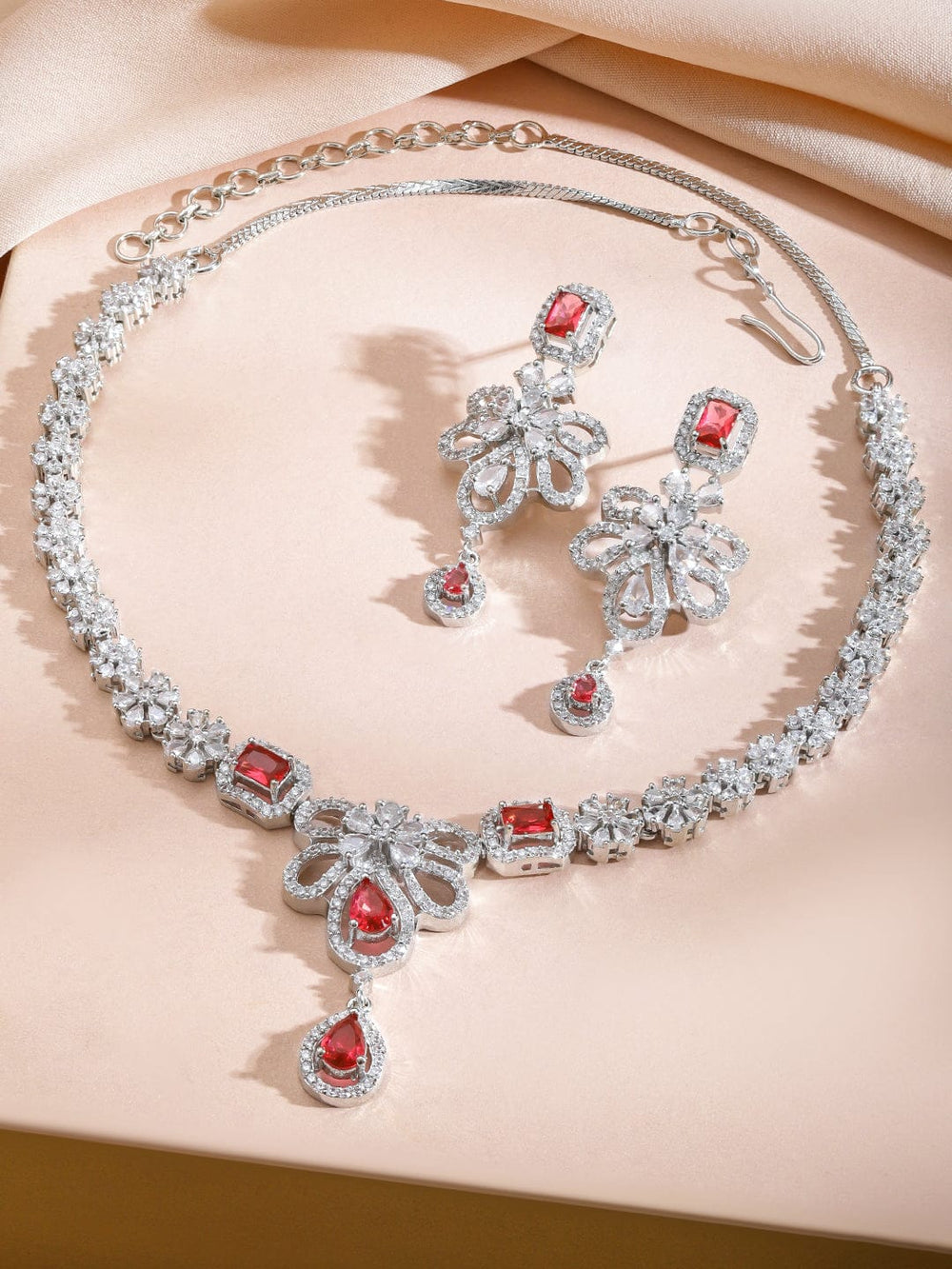 Rubans Rhodium-Plated Ruby Red AD Stone & White Cubic Zirconia Studded Floral Necklace Set Jewellery Set