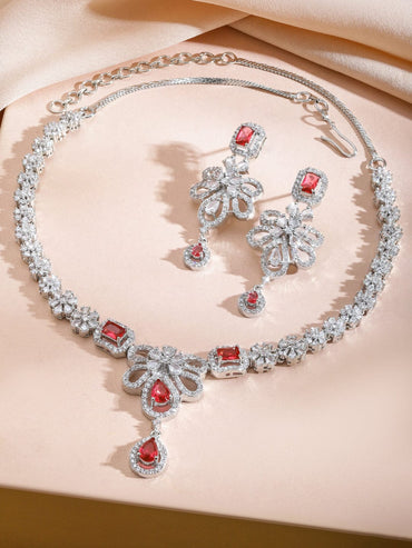 Rubans Rhodium-Plated Ruby Red AD Stone & White Cubic Zirconia Studded Floral Necklace Set Jewellery Set