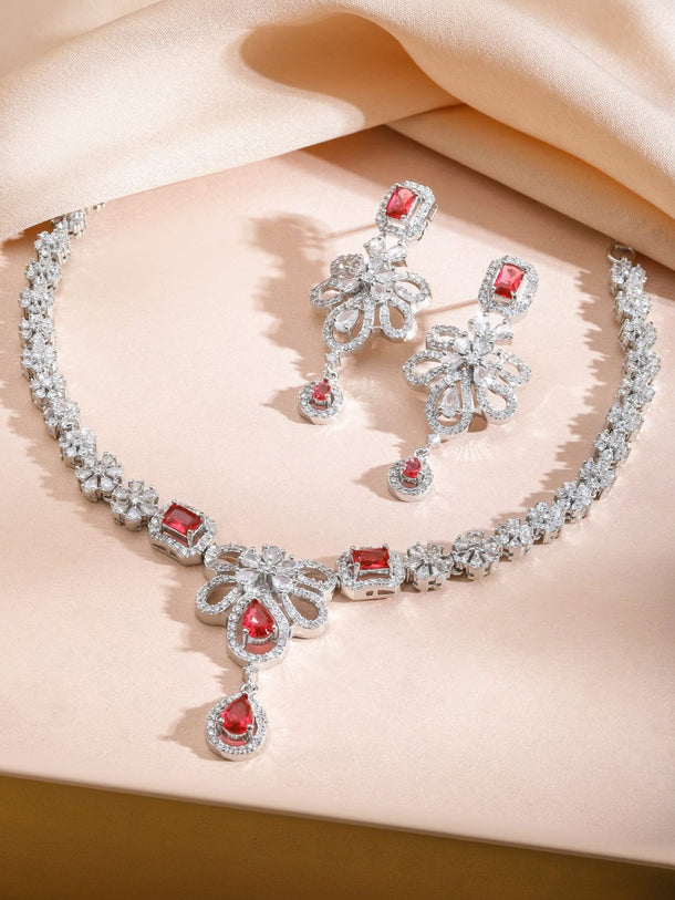 Rubans Rhodium-Plated Ruby Red AD Stone & White Cubic Zirconia Studded Floral Necklace Set Jewellery Set