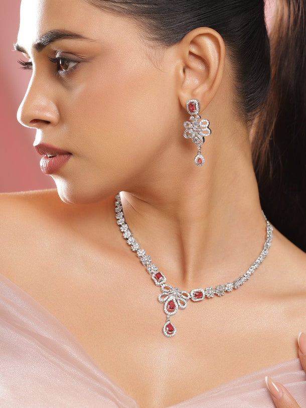 Rubans Rhodium-Plated Ruby Red AD Stone & White Cubic Zirconia Studded Floral Necklace Set Necklace Set