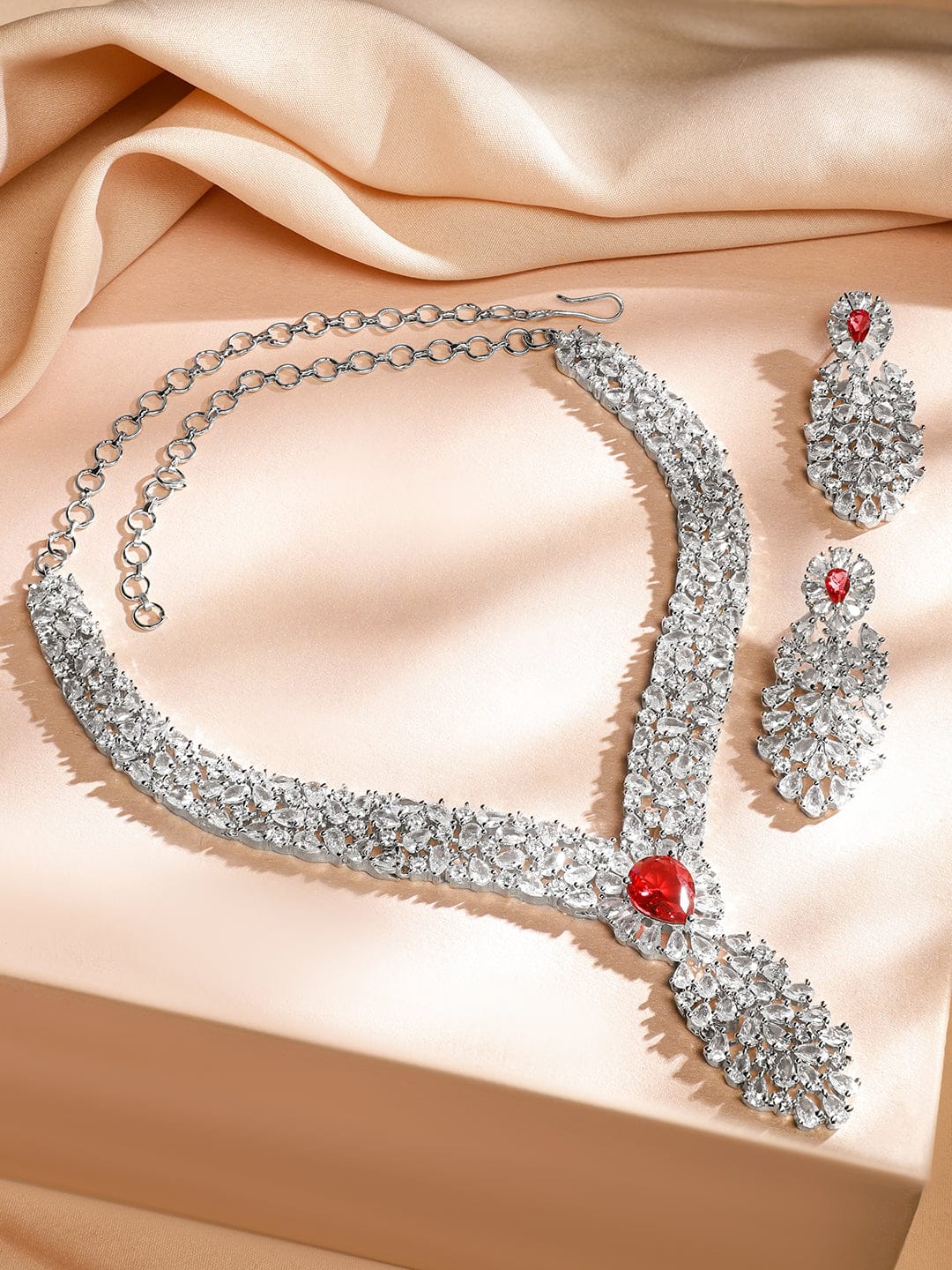 Rubans Rhodium-Plated Ruby Red & Cubic Zirconia Floral & Leaf-Inspired Luxe Jewellery Set Jewellery Set