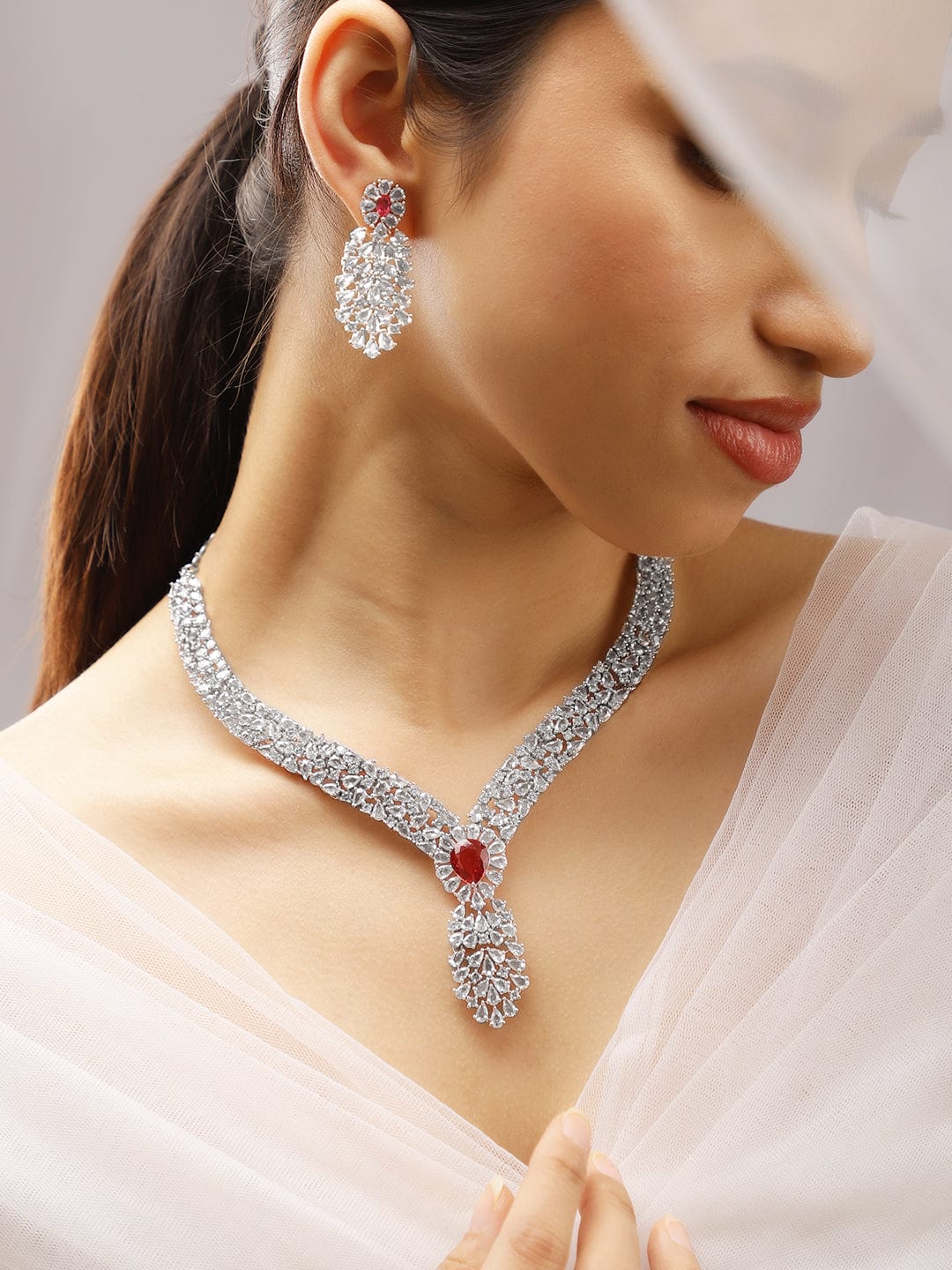 Rubans Rhodium-Plated Ruby Red & Cubic Zirconia Floral & Leaf-Inspired Luxe Jewellery Set Necklace Set