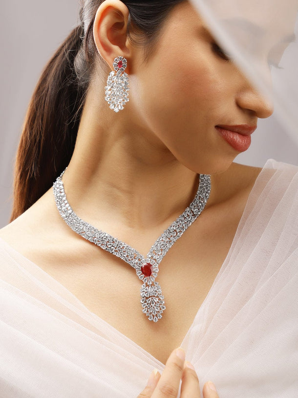Rubans Rhodium-Plated Ruby Red & Cubic Zirconia Floral & Leaf-Inspired Luxe Jewellery Set Necklace Set