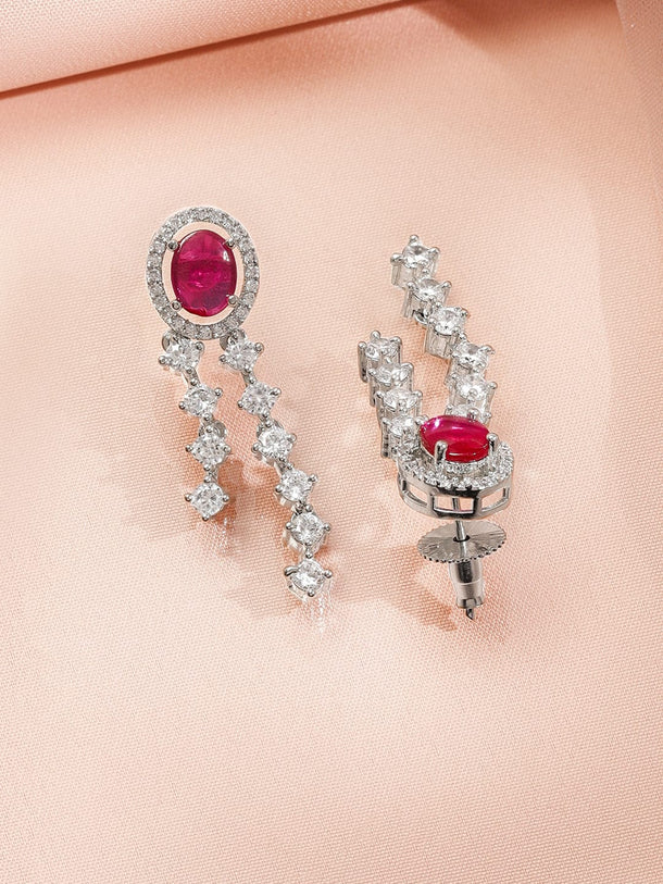 Rubans Rhodium-Plated Ruby Red & Cubic Zirconia Stone Luxury Statement Long Necklace Set Jewellery Set