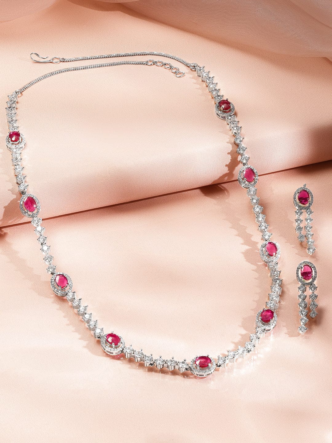 Rubans Rhodium-Plated Ruby Red & Cubic Zirconia Stone Luxury Statement Long Necklace Set Jewellery Set