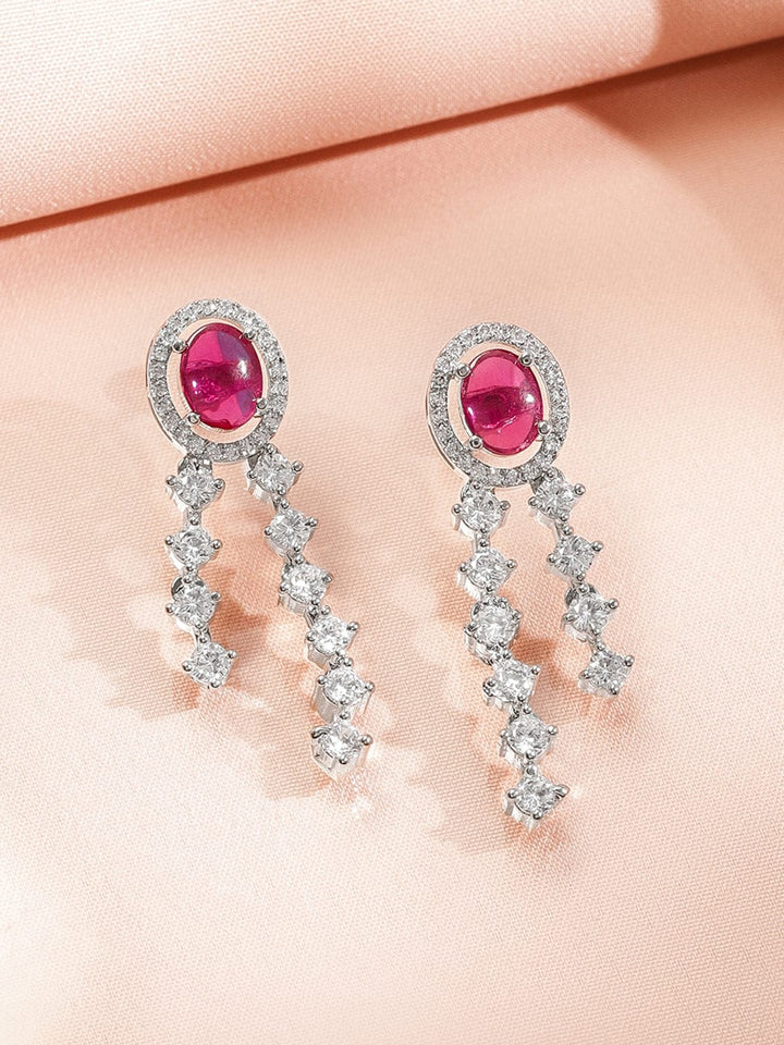 Rubans Rhodium-Plated Ruby Red & Cubic Zirconia Stone Luxury Statement Long Necklace Set Jewellery Set